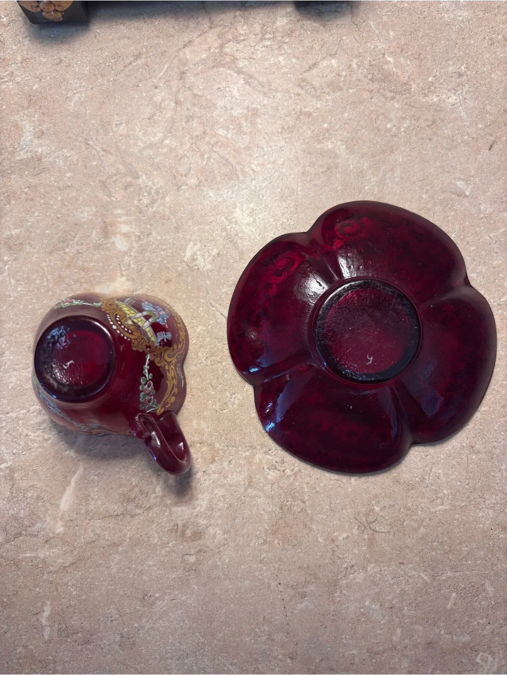 Antique Bohemian Glass Ruby Red Demitasse Cup + Saucer Set Mosier Style